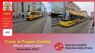 Prague, Czechia: Allover advert trams in December 2024