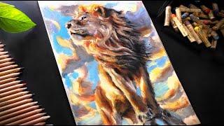 Relaxing ASMR Lion Drawing - Colored Pencils & Oil Pastels (No Talking)