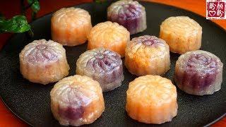 Sweet potato crystal moon cake。一碗西米加半个番薯和紫薯，就能做出美味又健康的番薯水晶月饼！