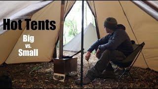 Hot Tents - Big Vs. Small.  OneTigris Rock Fortress Tent and Tiger Roar Stove. Tent Stove Sausages.