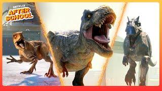 T-Rex VS Allosaurus VS Raptors BATTLE!  Jurassic World: Chaos Theory | Netflix After School