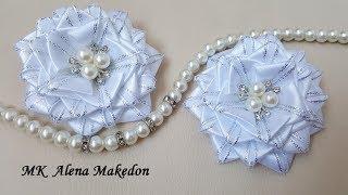 МК Белые Пышные Заколки в Школу из атласных лент  DIY Alena Makedon Kanzashi Школьные украшения