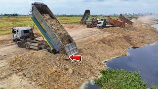 Great Job!! Fast SHANTUI Bulldozer Pushing Soil Build a Road With 25T Dump Truck