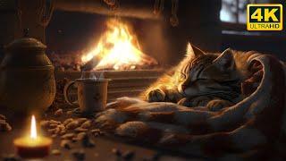 Relax with Purring Cat and Crackling Fireplace 4K  Sleep in Cozy Winter Ambience