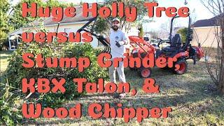 Removing a HUGE Holly Tree with MechMaxx machines and a New Grapple bucket on Kubota BX23S.