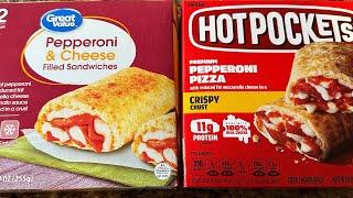 Comparing Flavor and Value on Hot Pockets Vs. Great Value.