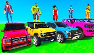 SUPERHERO Cars Challenge on TRIPLE Ramp ! SPIDERMAN Fire Truck BMW Race JEEP Bikes - GTA 5