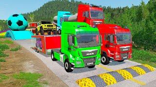 Double Flatbed Trailer Truck vs Speedbumps Train vs Cars | Tractor vs Train Beamng.Drive 010