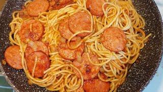 Just a frying pan. Spaghetti with salami