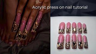 Acrylic press on nail tutorial  gold rinestone nail art step by step, acrylic application