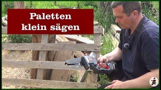 Paletten klein sägen mit Mini-Kettensäge