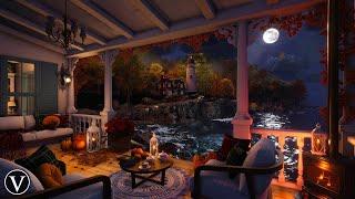 Autumn Coastal Cottage | Night Ambience | Firepit & Ocean Waves Sounds