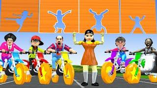 Scary Teacher 3D vs Squid Game Ride Motorbike Over Wooden Board 5 Times Challenge Who The Winner?