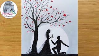 Pencil Sketch - Romantic Propose Scenery || How to draw Romantic couple under love tree