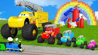 5 Monster Trucks with Big & Small: Mcqueen Fire Truck - Long Cars vs Slide Colors vs Train - BeamNG