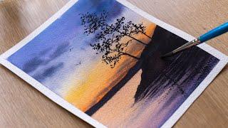 Drawing with Watercolor / Easy Sunset Lake Watercolor Painting Tutorial