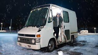 Winter Snow Car Camping with Vintage Delivery Van