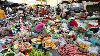 Early Morning Food Market - Daily Activities & Lifestyle of Vendors Selling Food in Cambodia Market