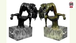 Signed Abstract Modern Art Nude Girl On Toilette Bronze Sculpture Marble Statue