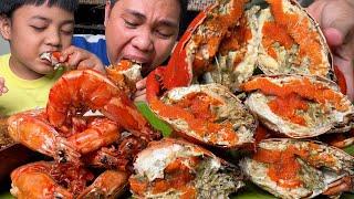 Full of Aligue Giant Female Mud Crabs  + Super Jumbo Tiger Prawns with Butter garlic Sauce Mukbang