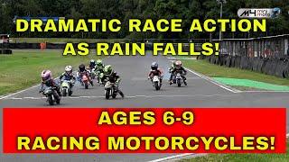 Ages 6 - 9 RACING Motorcycles as RAIN FALLS! Road to Moto GP British Minibikes Rd 4 Race 2, Wigan