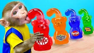 KiKi Monkey pretend sell Sweet Honey Bear Rainbow Jelly and swim at pool | KUDO ANIMAL KIKI