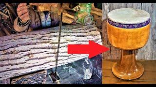 Woodturning. Making Percussion Instrument Persian Tombak from a Walnut Log to a Full Instrument