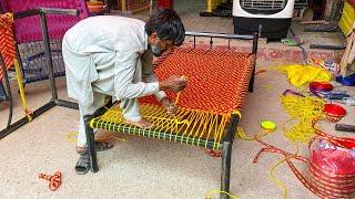 Amazing Technique Of Weaving a Cot | Beautifully Designed Nylon Rope Cot Weaving | CRAFTSMAN