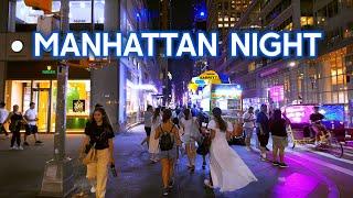  NEW YORK Summer Night Walk in Midtown MANHATTAN [4K] ASMR / Binaural Sounds