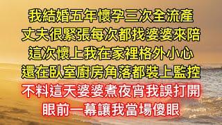 我結婚五年懷孕三次全流產，丈夫很緊張每次都找婆婆來陪，這次懷上我在家裡格外小心，還在臥室廚房角落都裝上監控，不料這天婆婆煮夜宵我誤打開，眼前一幕讓我當場傻眼