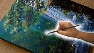 Idea to Paint a Glowing Waterfall/ Acrylic Painting Landscape step by step for beginners