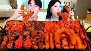 ASMR MUKBANG| Fire spicy Black bean Mushrooms, Fire Noodles, Seasoned Chicken, Kielbasa Sausage.