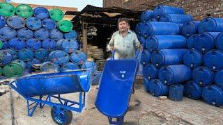 Amazing Process of Making  Wheelbarrow Out of Plastic Oil Drums || How to make Plastic Wheelbarrow.