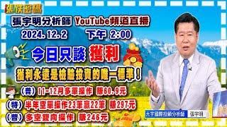 2024.12.2 張宇明台股解盤   今日只談獲利，獲利永遠是檢驗投資的唯一標準！特會半年空單操作23筆贏22筆共賺297元！普會多空雙向操作賺246.6元【#張宇明分析師】