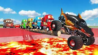 MONSTER SHARK TRUCK VS 4 COLOR MACK TRUCK WITH LIGHTNING MCQUEEN AND TOW MATER REVENGE