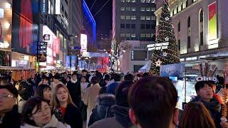 Walking the streets of Myeongdong on Christmas Eve evening 4K