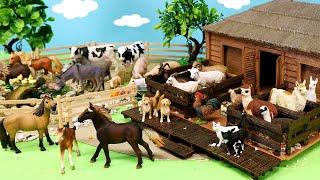 Country Farm Diorama and Group of Farmyard Animal Figurines - Learn Animal Names