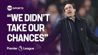 Unai Emery reacts after his Aston Villa side suffer defeat to Liverpool at Anfield 