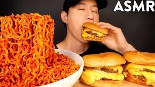 ASMR SPICY FIRE NOODLES & DOUBLE CHEESEBURGER MUKBANG (No Talking) EATING SOUNDS | Zach Choi ASMR