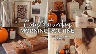 Saturday Morning Routine 2022 baking Pumpkin Spice Banana Bread, Summerween, Autumnal Vlog