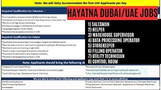 HAYATNA JOBS IN UAE - DUBAI - SHARJAH - ABU DHABI. WALK IN INTERVIEW!! FREE ACCOMDATION, VISA & FOOD