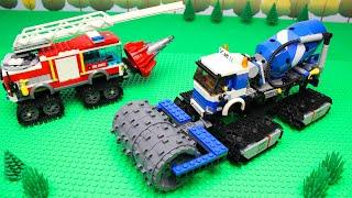 LEGO Fire truck and concrete mixer truck build a railway for kids