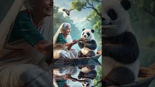 Grandmother and the panda caught fish from the river  #ai #panda #fish