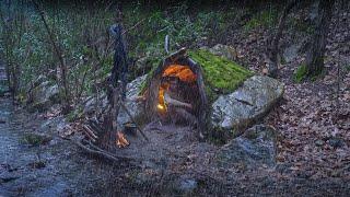 Building a Complate and Warm Cave Shelter in Heavy Rain - Buhscraft Camping for Survival