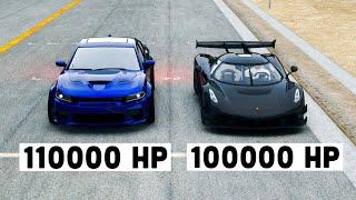 100000 HP Koenigsegg Black Devil vs 110000 HP Dodge Charger SRT Widebody at Special Stage Route X