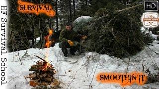 Winter Survival Shelter Overnight Bushcraft Camp - Dog , Axe , Cooking - HD Video