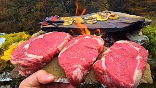 Cooking STEAK on HOT STONES over Fire | ASMR Outdoor Campfire Cooking