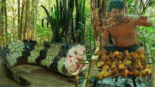 Wilderness Cooking Skill | Grill Crocodile Tail Lechon BBQ | Delicious Roasted BBQ Crocodile Meat.