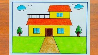 House Drawing / How to Draw a Simple House Step By Step Very Easy / House Scenery Drawing