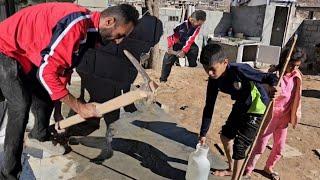 Making a garden space by Mustafa, washing and cleaning the porch by the children